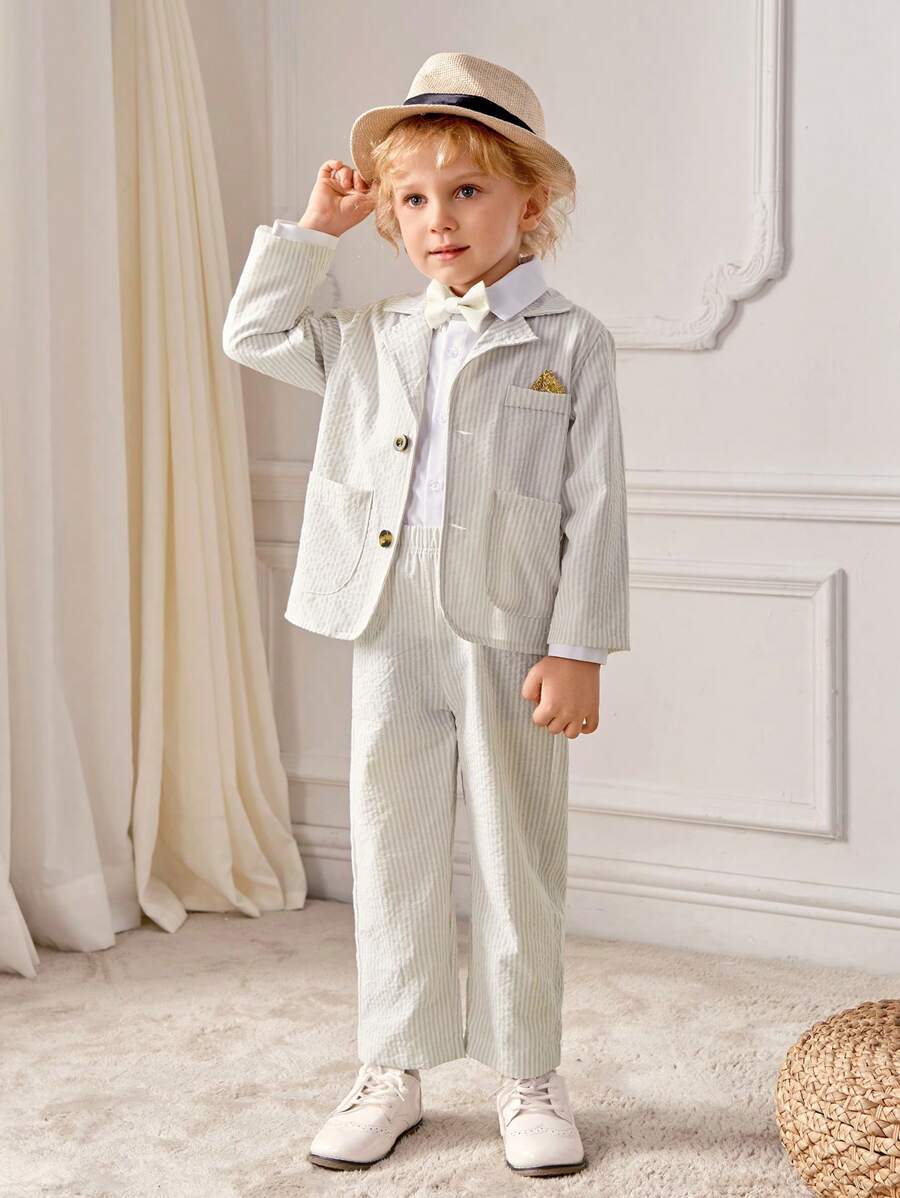 SHEIN Conjunto de 3 piezas de chaqueta a rayas beige, pantalones y pañuelo para niño pequeño, conjunto informal formal para fiesta de cumpleaños, boda, Halloween, Navidad, Acción de Gracias, bautizo, uso formal, otoño e invierno