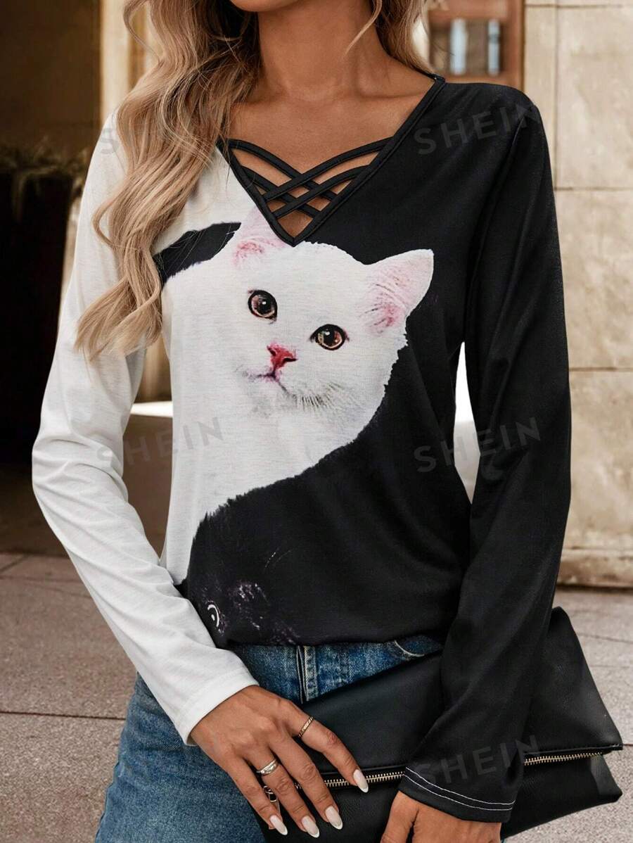 SHEIN LUNE Women's Spring/Summer Black And White Cat Collar CrissCross