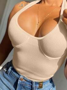 INAWLY Top con cuello halter ajustado de color liso, verano