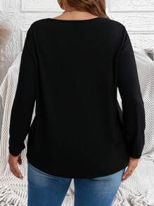 EMERY ROSE 大码秋季 V 领蕾丝拼布长袖 T 恤 - 藏蓝色 - 查看 5