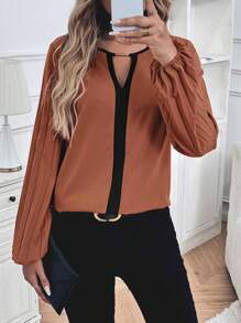 SHEIN LUNE Camisa de manga larga sencilla con bloques de color para mujer - Marrón - Ver 4
