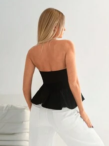 Muchica 女式花卉提花抹胸短款上衣 - 黑色 - 查看 2