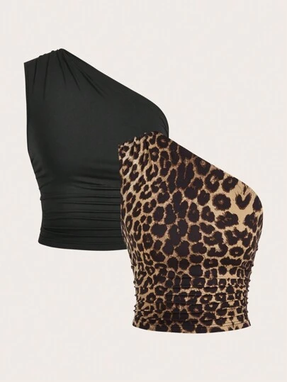 SHEIN EZwear 2 piezas Parte superior corta de verano con un hombro con volantes de estampado de leopardo negro