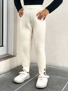 SHEIN Explorewe Young Girl Elegant & Cute Solid Color Knitted Elastic Pants, Suitable For Casual Wear And Layering, Soft And Comfortable For Fall/Winter