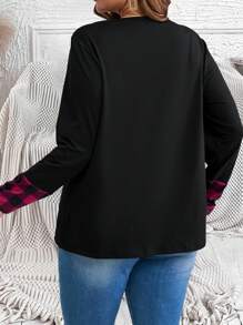 EMERY ROSE Plus Size Plaid Patchwork Front Button V-Neck Long Sleeve Casual Fall Blouse - Black - View 6