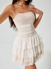 SHEIN PETITE Váy hoa mai xếp li đơn giản màu trơn cho nữ - Màu be - Xem 8