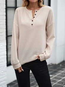 SHEIN LUNE 秋季女士休闲杏色长袖 T 恤 - 杏色 - 查看 5