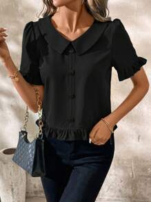 SHEIN Clasi Blusa negra elegante con cuello en V y dobladillo con volantes para mujer