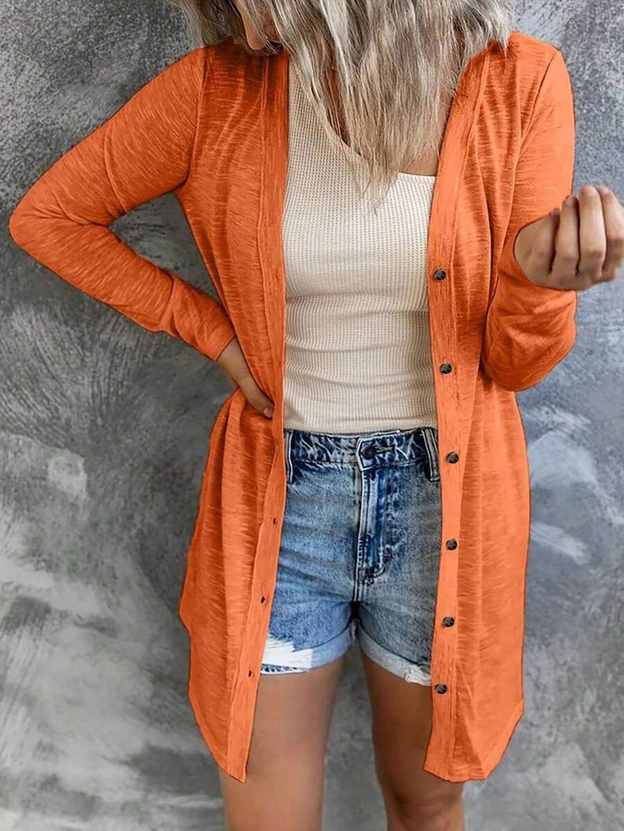 Cárdigan largo de punto para mujer, de unicolor, con diseño de cierre con botones delanteros, ligero - Naranja Coral - Ver 1