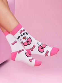 HELLO KITTY AND FRIENDS | SHEIN 2 套女式卡通圆点蝴蝶结图案粉色拼色中筒袜