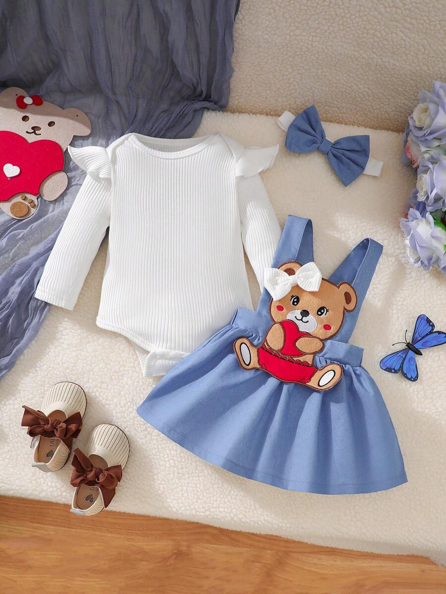 SHEIN 3 chiếc áo tay xếp nếp cổ tròn cho bé gái, váy treo thêu gấu và bộ băng đô - Màu xanh lam - Xem 1
