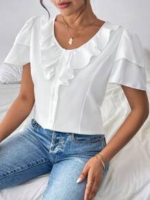 Chiquease Camisa para mujer unicolor con ribete de volantes, ropa casual de verano para el trabajo - Blanco - Ver 3