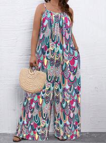 SHEIN Clasi Plus Size Women Color Print Jumpsuit - Dark Green - View 3