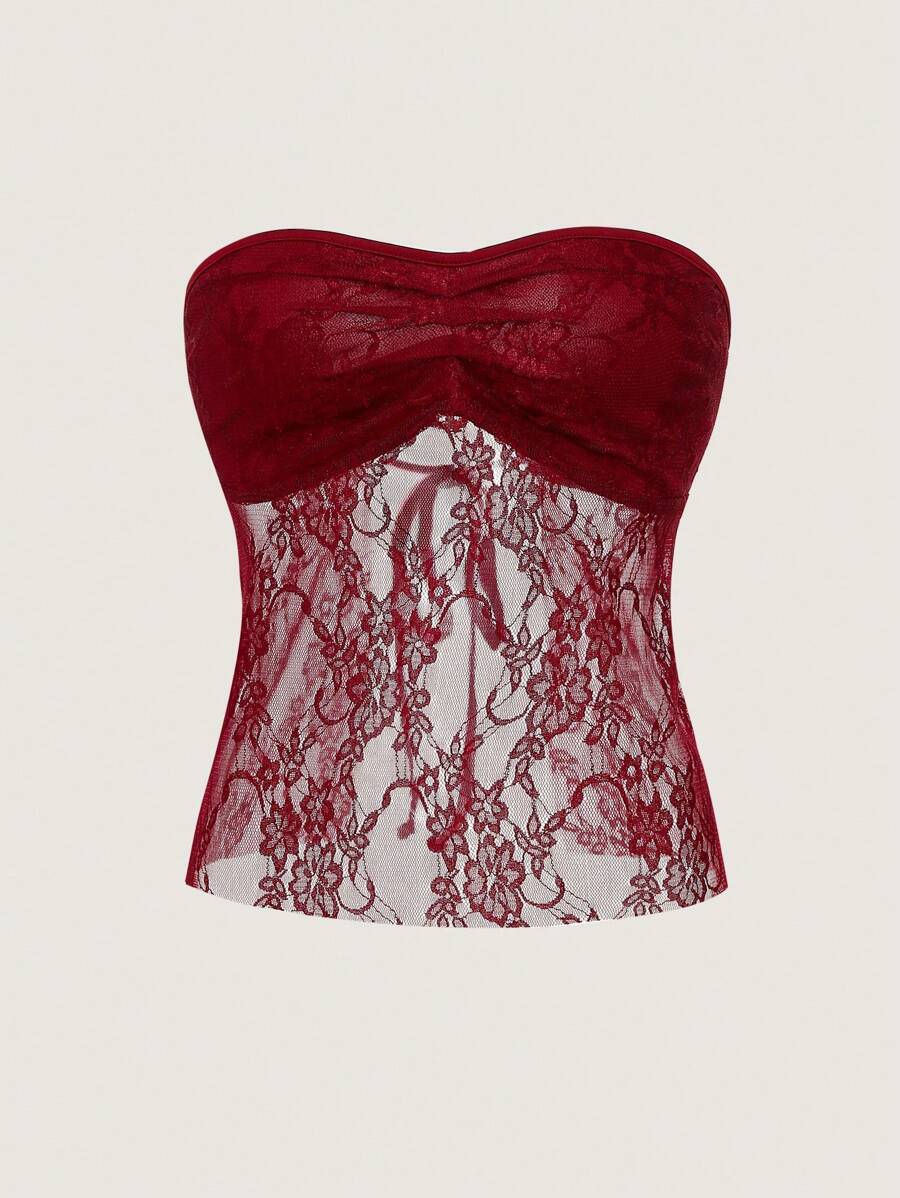 EgrlEra 女士夏季性感纯色蕾丝透视抹胸上衣 Y2K 服装 - 紫紅色 - 查看 1