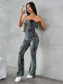 SHEIN EZwear Conjunto coordinado de mujeres ajustado de punto con estampado multicolor