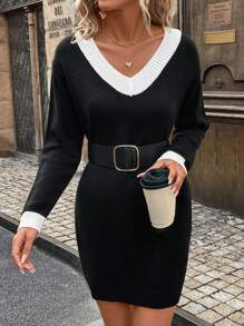 SHEIN LUNE 休闲简约黑色时尚街头风针织毛衣连衣裙，秋冬女士