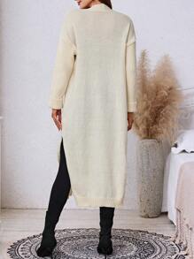 SHEIN LUNE Women's Autumn/Winter Long Split Ivory Cardigan Sweater - White - View 2