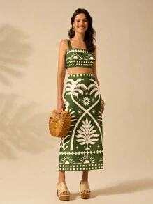 CAJUNI 2pcs Women Summer Vacation Sun And Coconut Tree Print Cropped Cami Top And Fitted Maxi Skirt Green Casual Tropical Boho Set