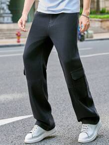 Claim Dot Pantalones vaqueros casuales rectos y sueltos con bolsillos cargo versátiles para hombres - Negro - Ver 4