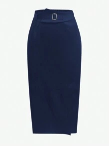 Rafferiza Women's Solid Color Belted Maxi Elegant Skirt - Navy Blue - View 3