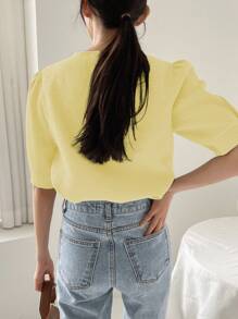 DAZY Women's Round Neck Button Up Half Sleeve Fashion Loose Comfy Soft Yellow Blouse