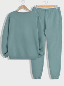 SHEIN Cottnline Men's Solid Color Letter Printed Two-Piece Set - Cadet Blue - View 2