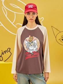 TOM & JERRY X SHEIN 女士休闲复古卡通猫与字母印花撞色插肩袖 T 恤 - 卡其色 - 查看 3