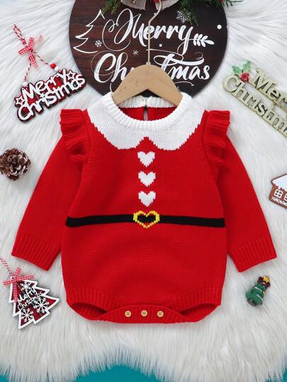 Baby Girl Unique Christmas Red Cap Sleeve Sweater Bodysuit, Cute Santa Claus Inspired Outfit, Comfortable And Casual