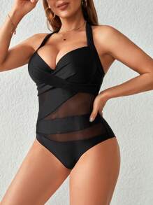 Women's Mesh Splice Backless Halter Black One-Piece Swimsuit Summer