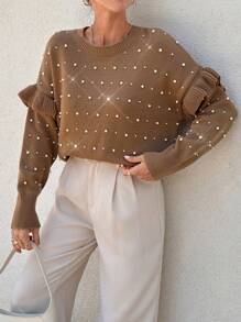 EURMUSE Lässiger Pullover mit Perlen Stickerei und Volant-Ärmeln, Herbst/Frühling - Khaki - Übersicht 6