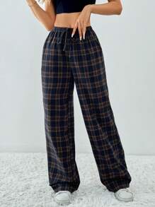 SHEIN Tall Plaid Printed Drawstring Waistband Slanted Pocket Loose Casual Wide Leg Pants - Brown - View 4