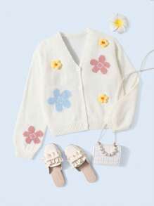 SHEIN VCAY Plus Size Winter 3D Floral Romantic Warm Knitted Cardigan