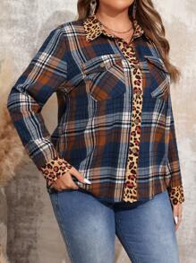 EMERY ROSE Camisa casual de manga larga con botones, de bloque de color de estampado de leopardo y tartán, talla grande, para otoño - Multicolor - Ver 6
