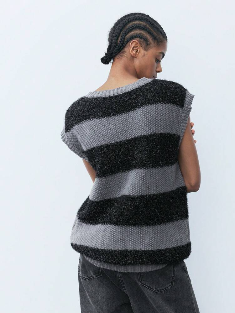 SHEIN Maija Women's Casual Loose V-Neck Striped Sweater Vest For Fall And Winter