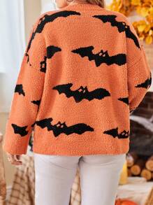 加大码蝙蝠袖橙色蝙蝠图案毛衣，休闲针织套头衫，秋冬款 - 彩色 - 查看 2