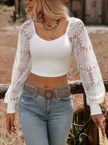 SHEIN VCAY Áo kiểu đi nghỉ thông thường có họa tiết ren cổ sò cho nữ, Thu/Đông - trắng - Xem 5
