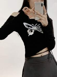 DAZY 女式蝴蝶印花落肩长袖圆领 T 恤，秋季，图案 T 恤，秋季女装