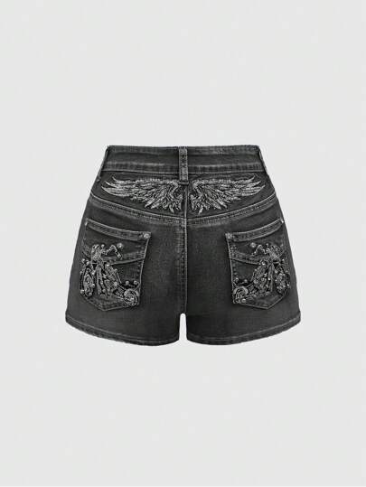 Grunge Punk Y2K Style Women's Low Waist Denim Mini Shorts With Back Wing Embroidery Pocket, Sequin & Beaded Embellishments