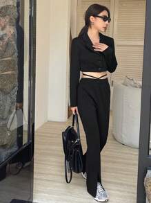 DAZY Conjunto de 2 piezas con blusa de botones con cuello y pantalones para mujer