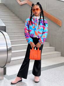 SHEIN Explorewe Tween Girls Colorful Abstract Pattern Hooded Casual Cropped Long Sleeve Thicken Warm Winter Jacket - Multicolor - View 6