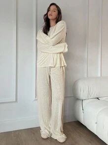 SHEIN Essnce 2 件装秋季新款休闲宽松喇叭阔腿裤女士套装 - 杏色 - 查看 6