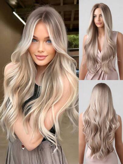 28 Zoll Farbverlauf hellblonde Perücke für Frauen, lange lockige Haare mit dunklen Wurzeln, stilvolle elegante synthetische Faser Perücke, perfekt für den täglichen Gebrauch