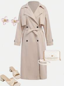 SHEIN 少女卡其色翻领风衣肩部袖口长款双排扣休闲风衣 - 卡其色 - 查看 6