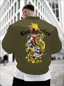 Manfinity Roughcore Men Letter & Dragon Graphic Bomber Jacket Without Tee - Army Green - View 1