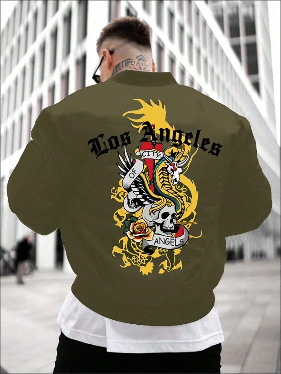 Manfinity Roughcore Men Letter & Dragon Graphic Bomber Jacket Without Tee - Army Green - View 1