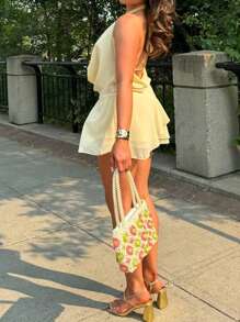 INAWLY 女式夏季纯色垂领系带性感迷你连衣裙