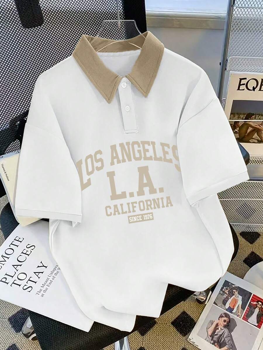 Manfinity Sporsity Men's Plus Size Button-Down Letter Los Angeles Print Short Sleeve Loose & Comfortable Athletic Polo Shirt, For Going Out