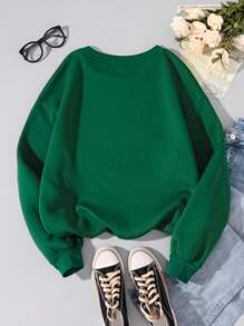 Muito Cool SHEIN MOD Women's Casual Simple Cat & Floral Print Loose Fit Thicker Long Sleeve Round Neck Sweatshirt, Green, Fall/Winter