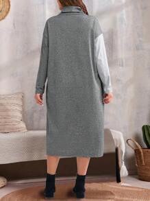 EMERY ROSE Plus Size Casual Loose Fit Colorblock Long Sleeve Dress Fall Clothes - Multicolor - View 2