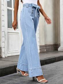 SHEIN LUNE 女式纯色简约日常束带牛仔裤 - 藍色 - 查看 3